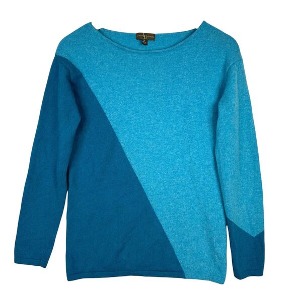 Lauren Hansen 100% Cashmere Sweater Women’s M Blue Colorblock Pullover Soft Knit - Picture 1 of 10